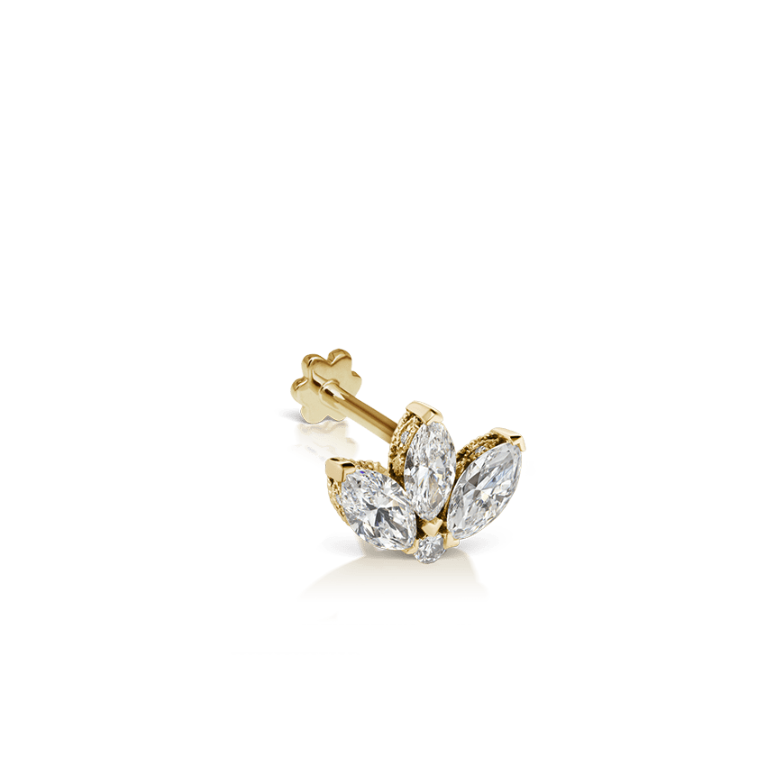 Diamond Engraved Lotus Threaded Stud Earring Yellow Gold 3mm