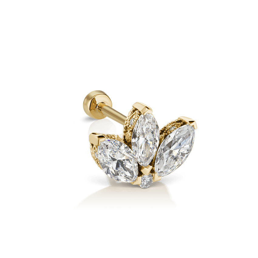 Diamond Engraved Lotus Threaded Stud Earring Yellow Gold 6mm