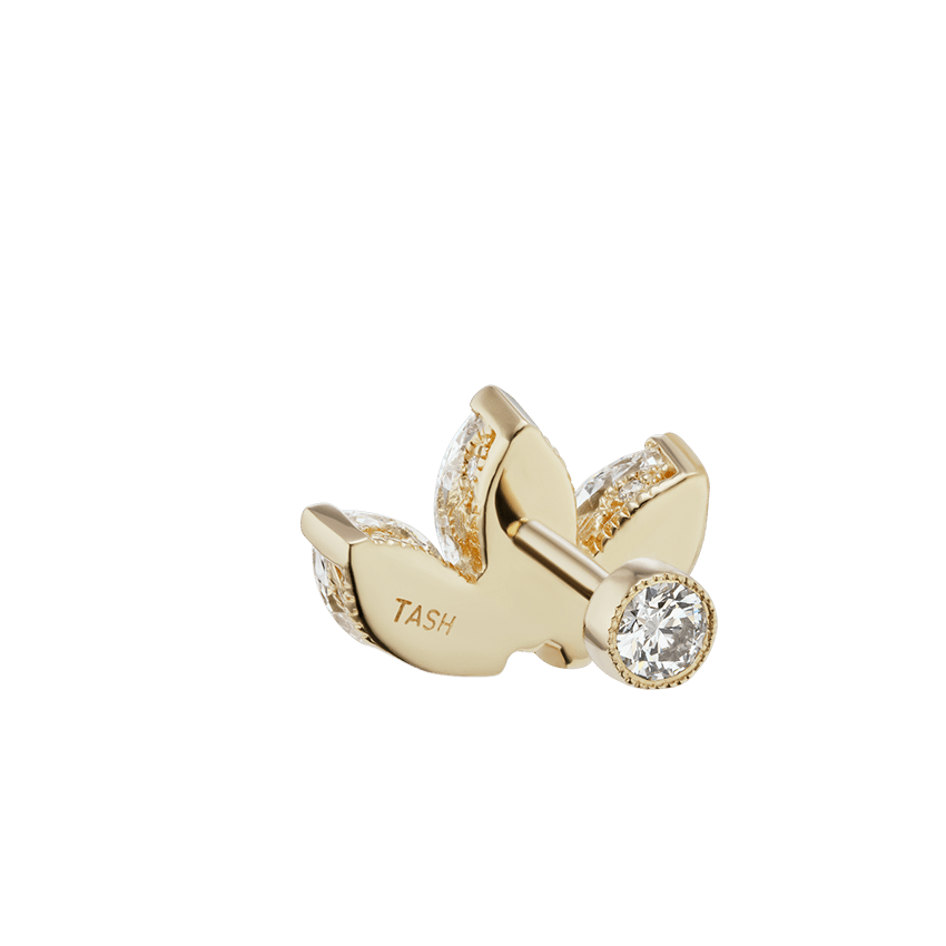 Diamond Engraved Lotus Threaded Stud Earring Yellow Gold 6mm