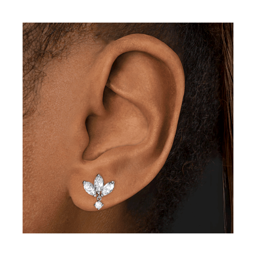 Diamond Engraved Lotus with Dangle Threaded Stud Earring Rose Gold 6mm