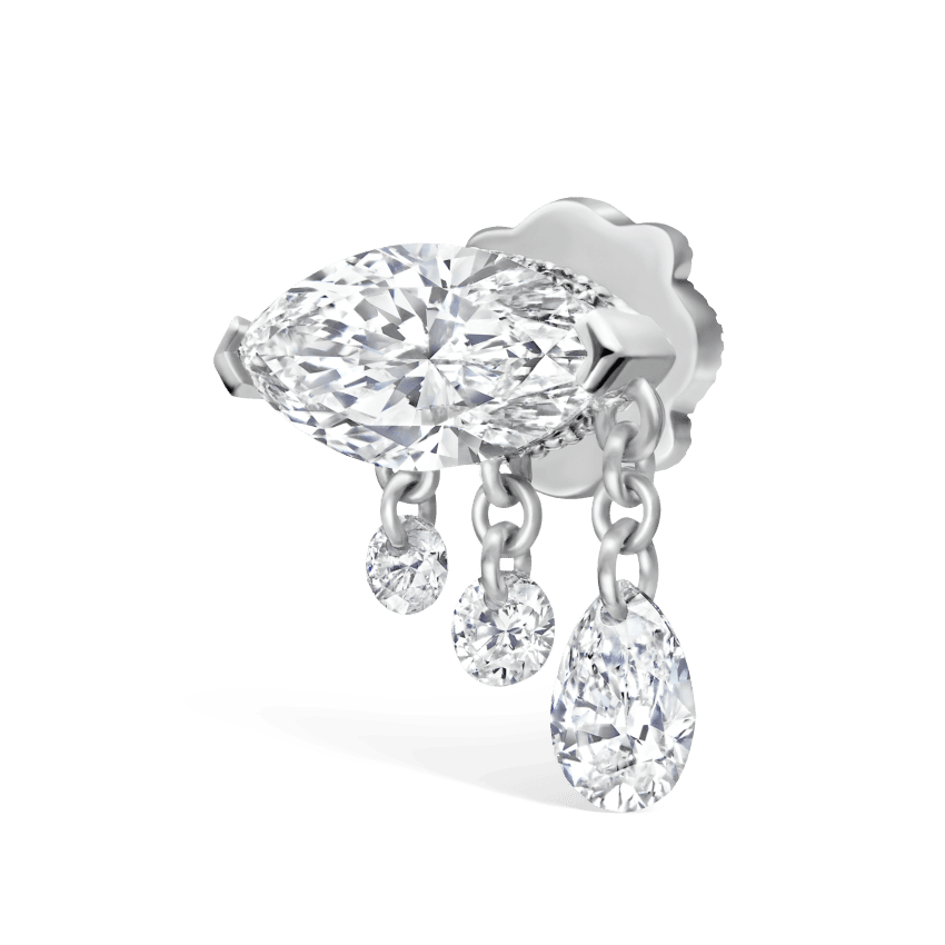 Triple Teardrop Marquise Diamond Threaded Stud Earring White Gold 8mm Right