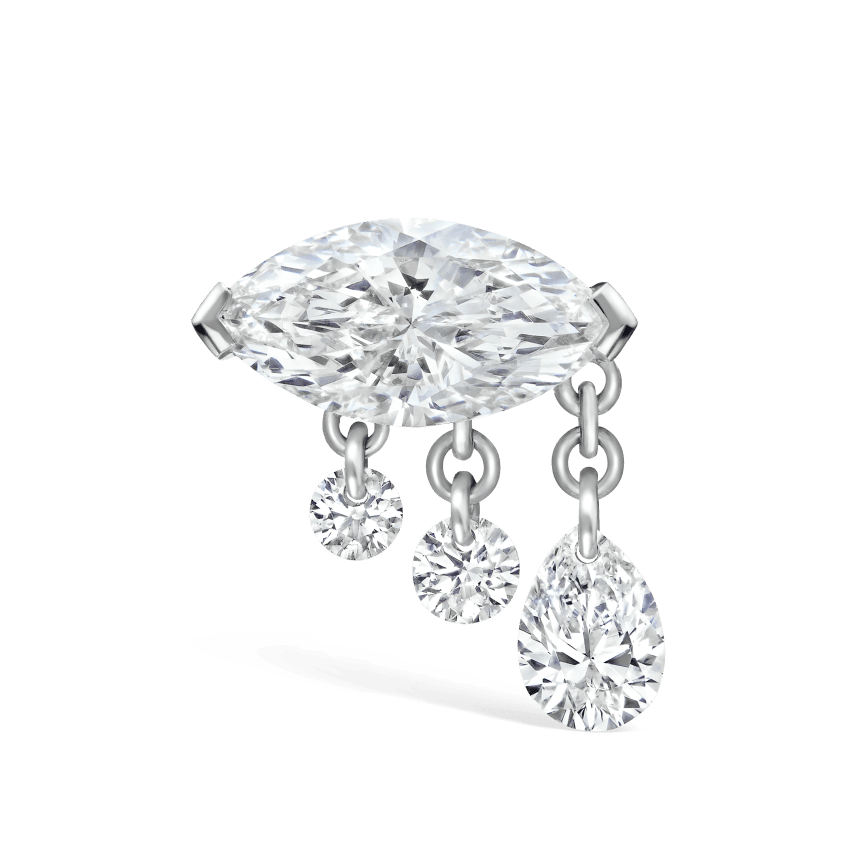 Triple Teardrop Marquise Diamond Threaded Stud Earring White Gold 8mm Right