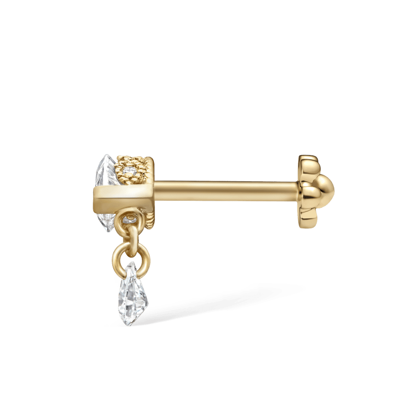 Single Teardrop Marquise Diamond Threaded Stud Earring Yellow Gold 7mm Right