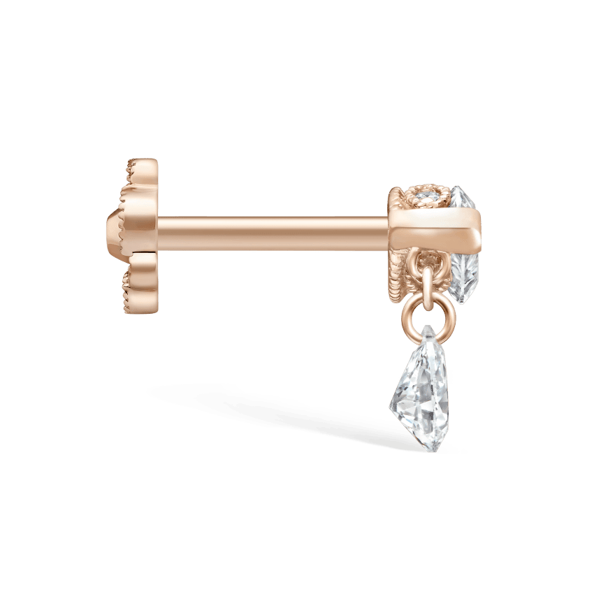 Single Teardrop Marquise Diamond Threaded Stud Earring Rose Gold 8mm Left