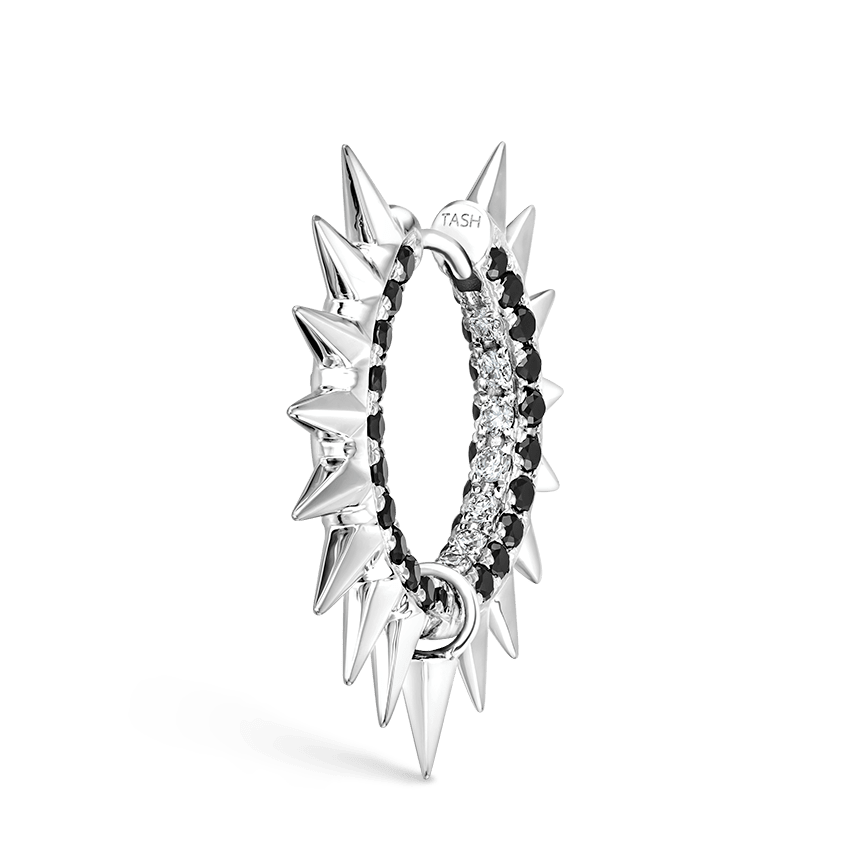 Metal Mohawk with Black and White Diamond Pavé Hoop Earring White Gold 11mm