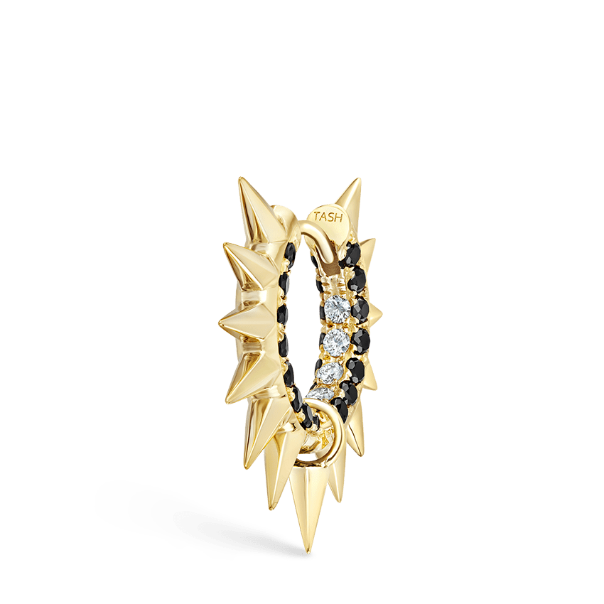 Metal Mohawk with Black and White Diamond Pavé Hoop Earring Yellow Gold 8mm
