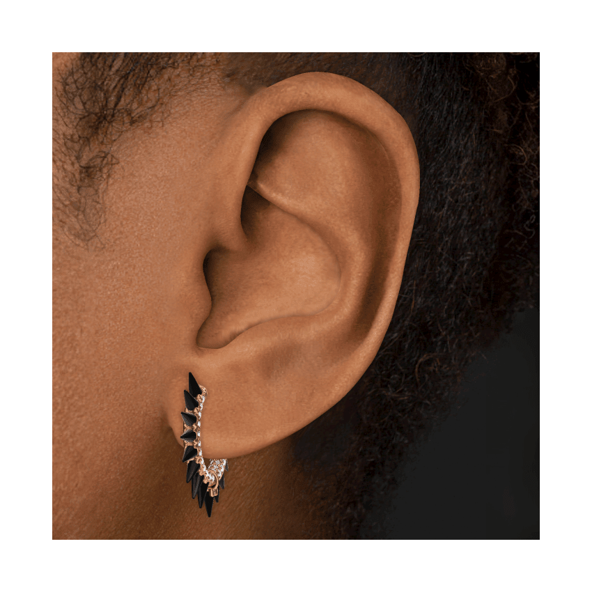 Black Moissanite Mohawk and Diamond Pavé Hoop Earring Rose Gold 11mm