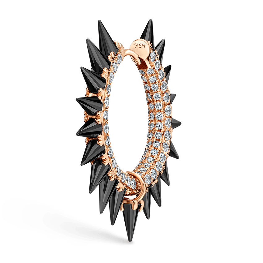 Black Moissanite Mohawk and Diamond Pavé Hoop Earring Rose Gold 12.5mm