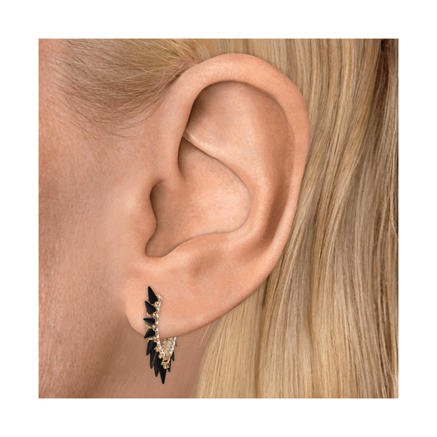 Black Moissanite Mohawk and Diamond Pavé Hoop Earring Yellow Gold 9.5mm
