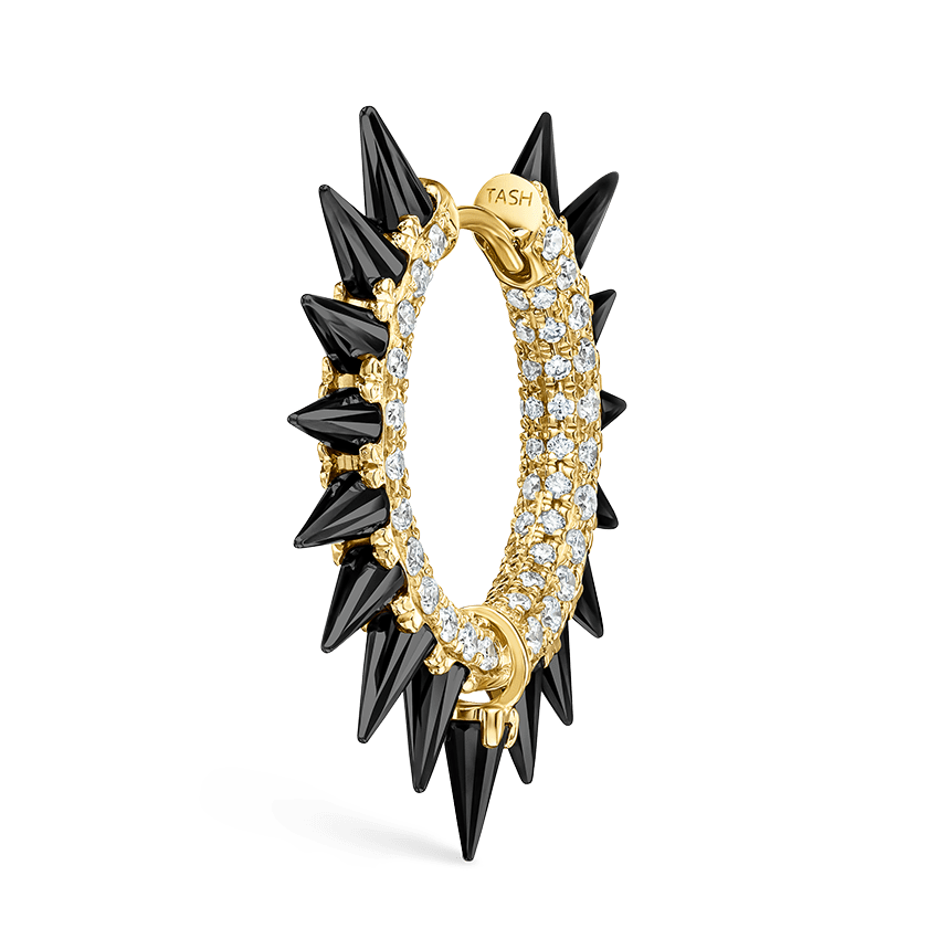 Black Moissanite Mohawk and Diamond Pavé Hoop Earring Yellow Gold 11mm