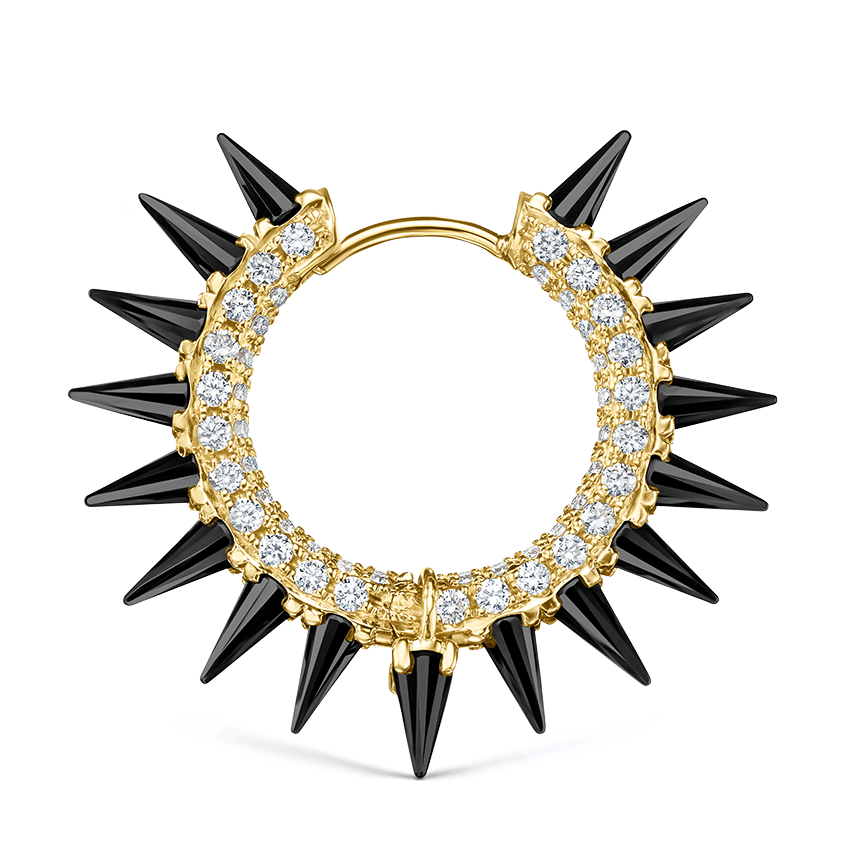 Black Moissanite Mohawk and Diamond Pavé Hoop Earring Yellow Gold 11mm