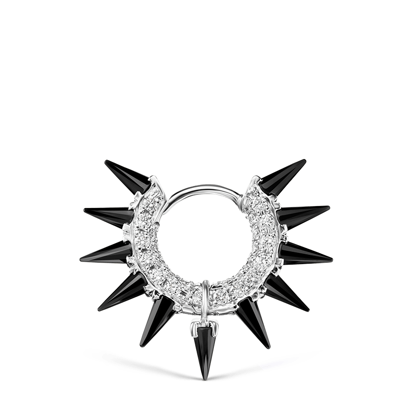 Black Moissanite Mohawk and Diamond Pavé Hoop Earring White Gold 6.5mm