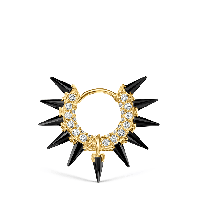 Black Moissanite Mohawk and Diamond Pavé Hoop Earring Yellow Gold 6.5mm