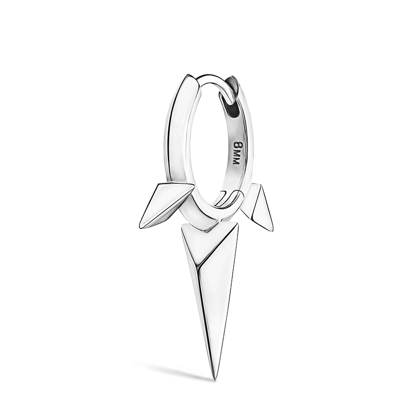 Faceted Triple Long Spike Hoop Earring White Gold 8mm