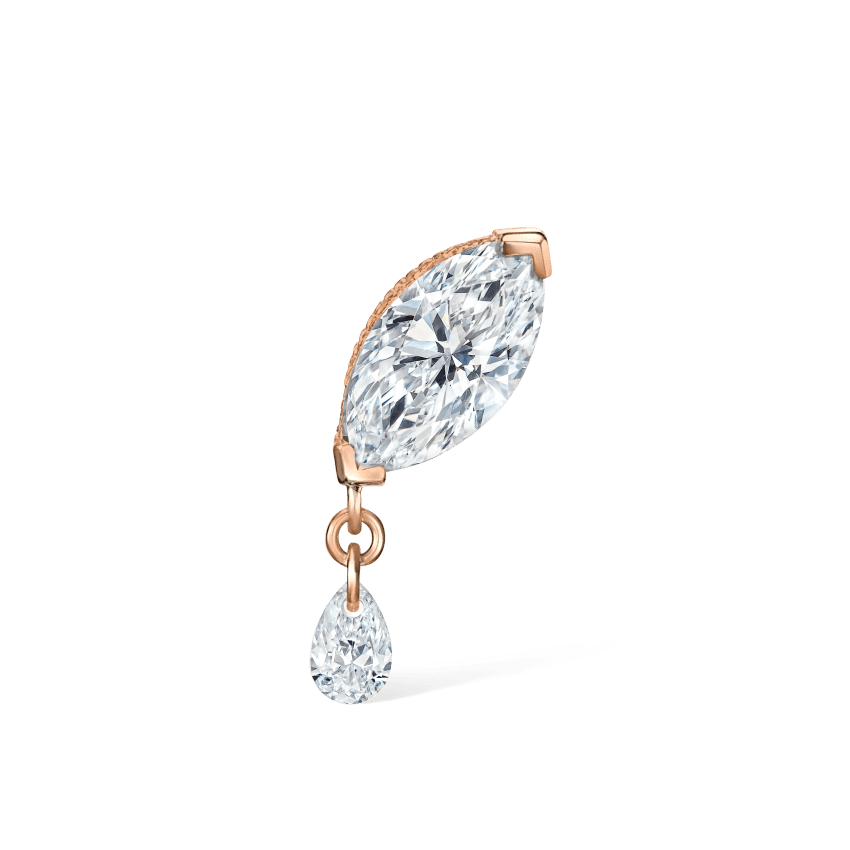 Single Teardrop Marquise Diamond Threaded Stud Earring Rose Gold 7mm