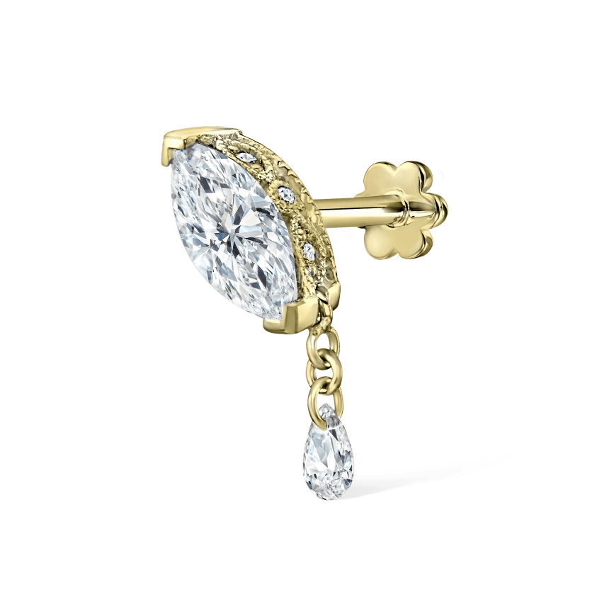 Single Teardrop Marquise Diamond Threaded Stud Earring Yellow Gold 7mm
