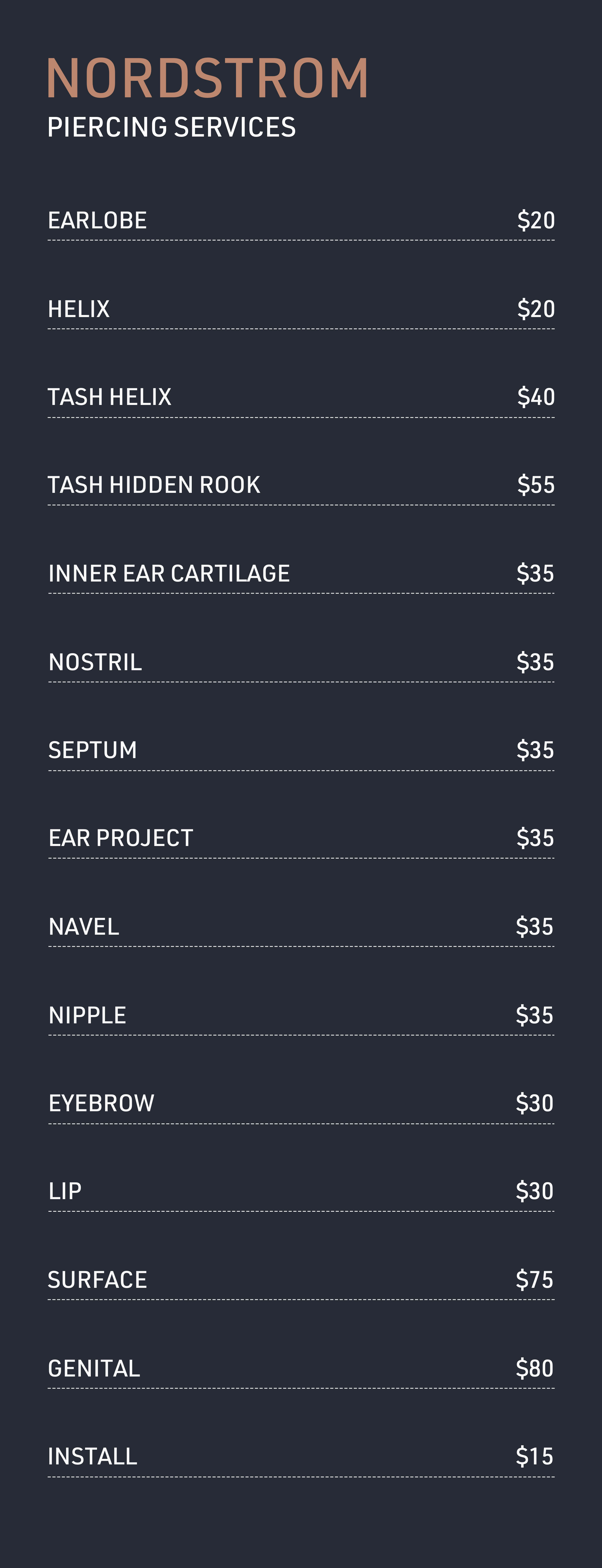 NYC Piercing prices for earlobe, helix, body, nostril, nipple, cartilage piercings