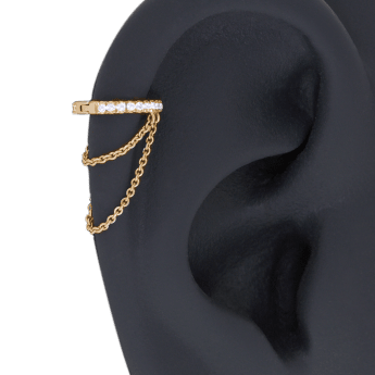 Diamond Eternity with Two Chains Hoop Earring Yellow Gold 6.5mm Right