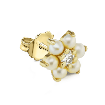 Pearl and Diamond Flower Stud Earring Yellow Gold 7mm