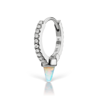 Single Short Opal Spike Diamond Eternity Hoop Earring White Gold 8mm