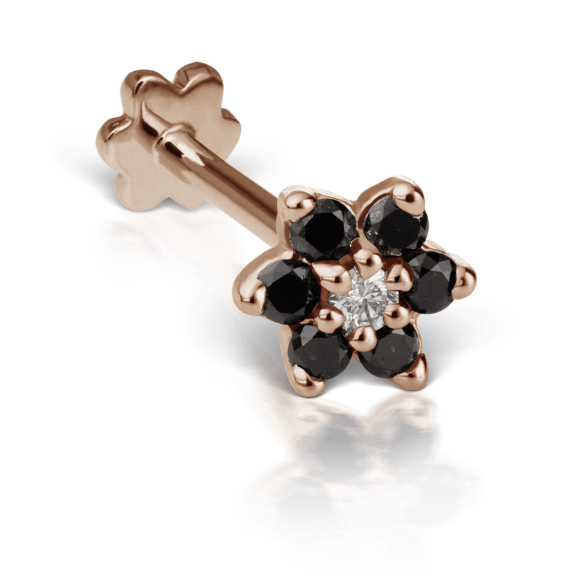 Black Diamond Flower Threaded Stud Earring Rose Gold 4.5mm