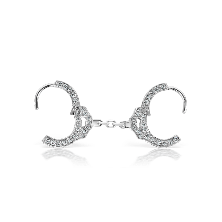 Diamond Handcuff Hoop Earring with Short Chain White Gold 6.5mm