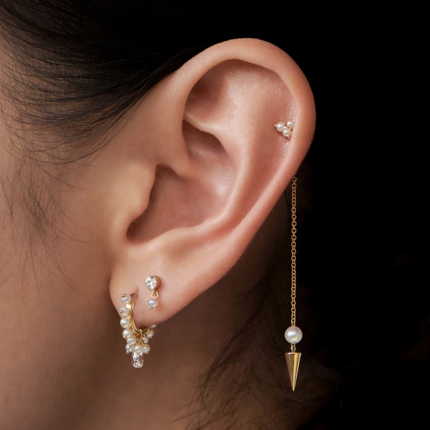 Invisible Set Diamond and Pearl Dangle Threaded Stud Earring