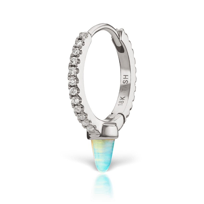 Single Short Opal Spike Diamond Eternity Hoop Earring White Gold 9.5mm