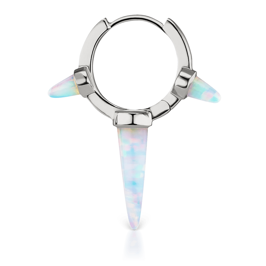 Triple Long Opal Spike Hoop Earring White Gold 9.5mm