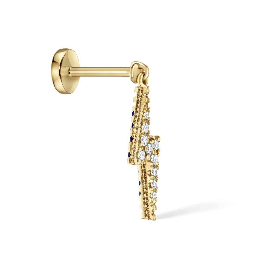 Diamond and Sapphire Lightning Bolt Threaded Charm Earring Yellow Gold