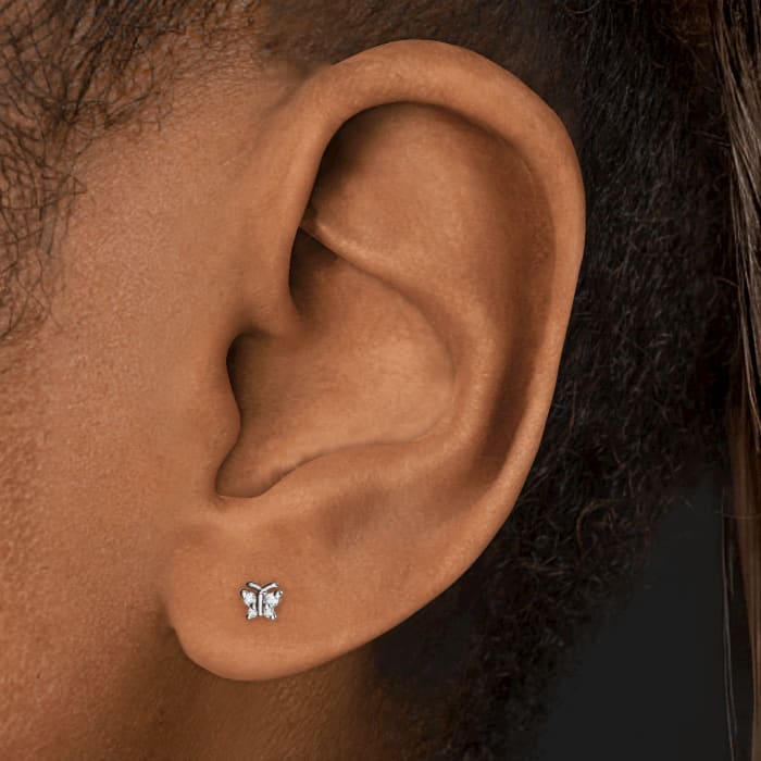 Diamond Butterfly Threaded Stud Earring White Gold 4mm