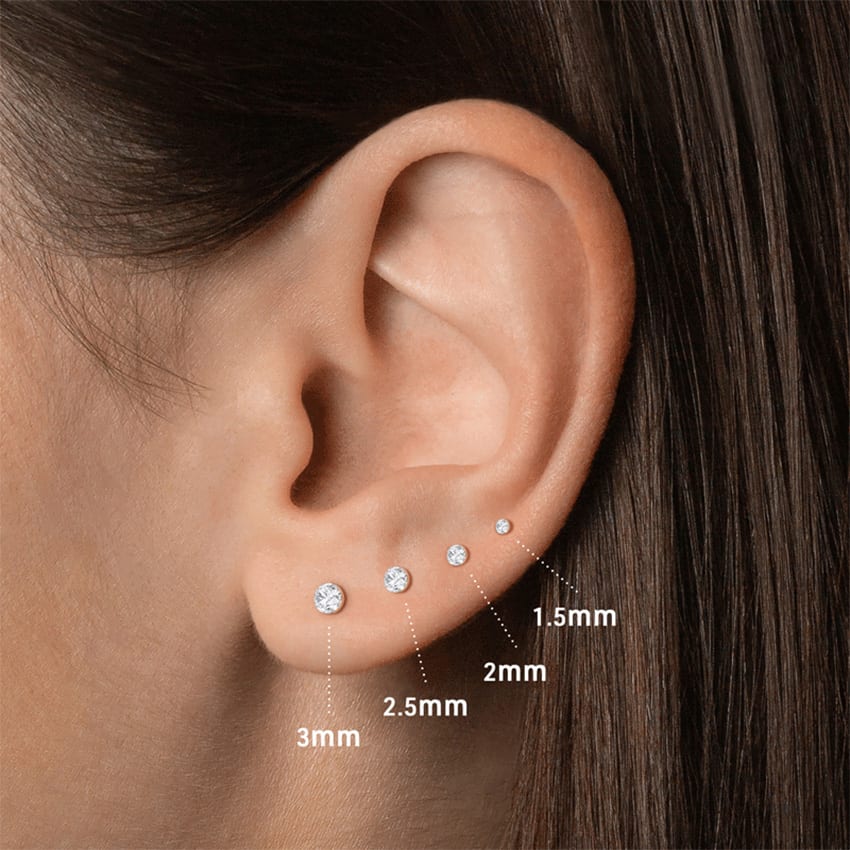 Round diamond earring size guide for lobe piercings with 5mm, 4mm and 3mm stud earrings