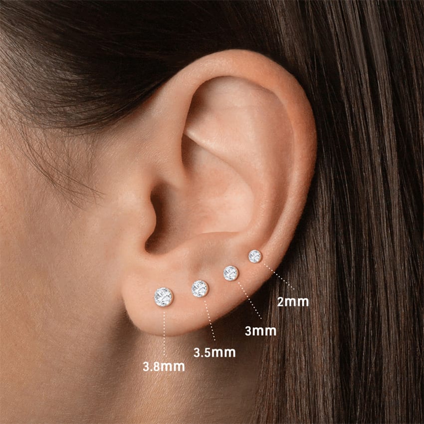 Round diamond earring size guide for lobe piercings with 5mm, 4mm and 3mm stud earrings