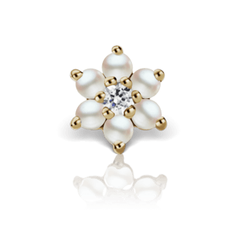 Pearl Flower with Diamond Center Threaded Stud Earring Yellow Gold 7mm