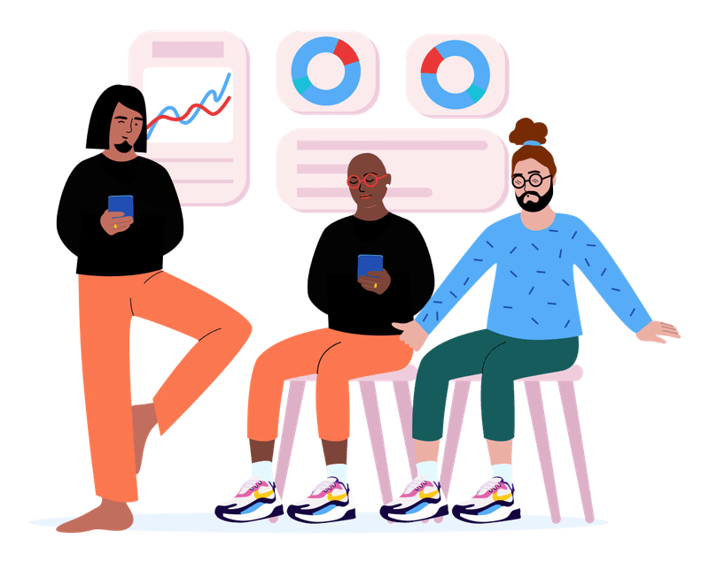 an illustration of three people of color in front of some graphs and charts