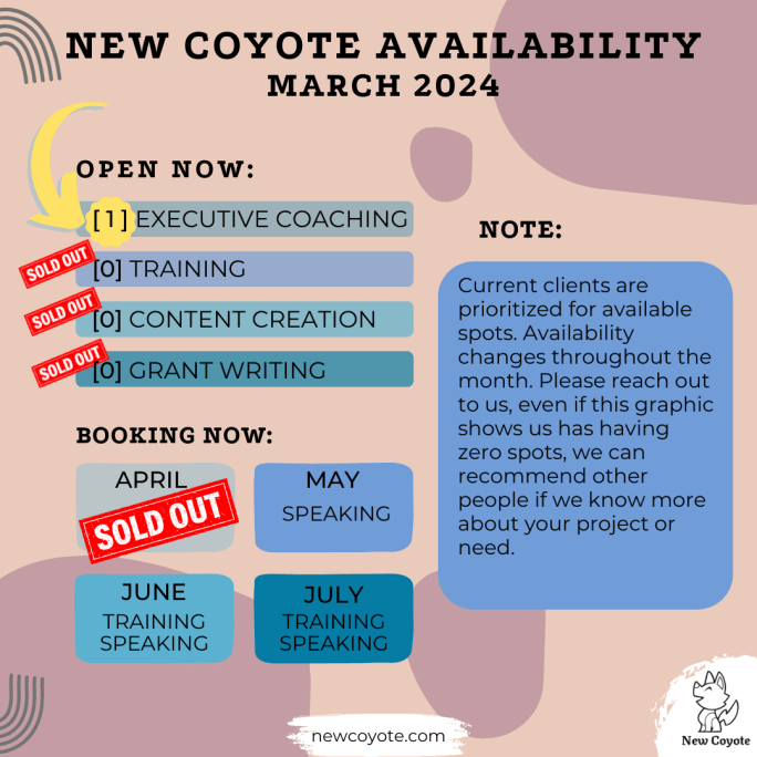 Image showing New Coyote availability, with one executive training spot open, speaking open in May, and speaking and training open in June and July.