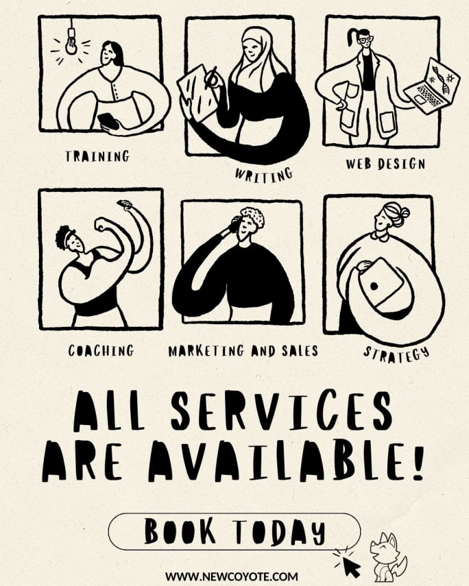 Image showing New Coyote availability, with content creation, coaching, and one-on-one available in June, speaking available in July, end of year giving in August, and training in October.