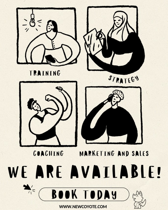 Image showing New Coyote availability, with content creation, coaching, and one-on-one available in June, speaking available in July, end of year giving in August, and training in October.