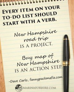 pad of paper with a pen that says "every item on your do to list should start with a verb: New hampshire road trip is a project. buy map of new hampshire is an action step." quote from Dave Carlo of fannypackmafia.com, layout by marina martinez of marinaforhire.com