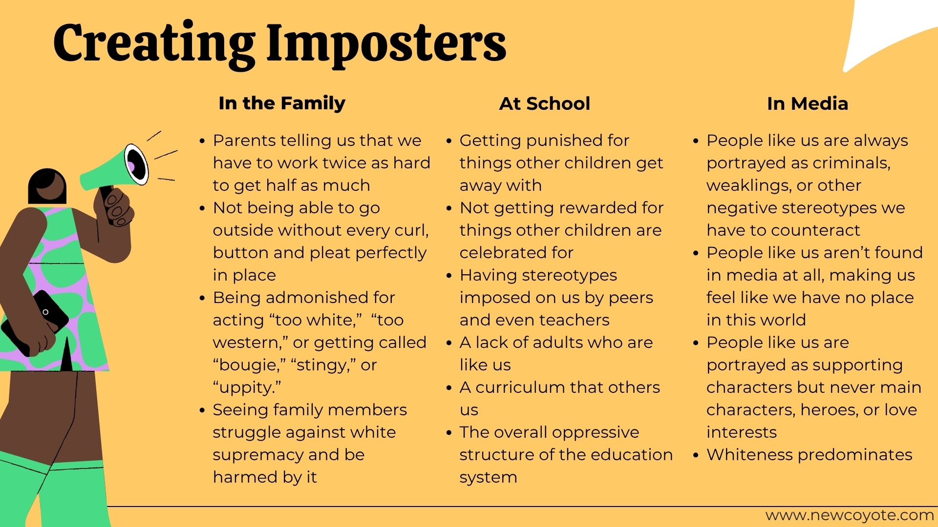 a slide from class showing that imposter syndrome is taught to marginalized people early and often 