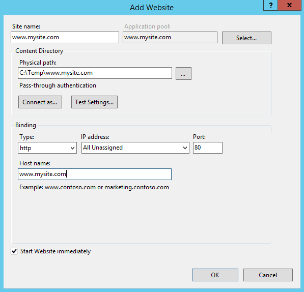 Add a new website in IIS 8.5
