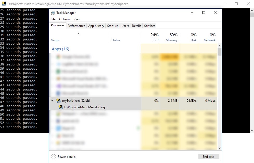 Task manager screenshot after the KillProcess method has ran
