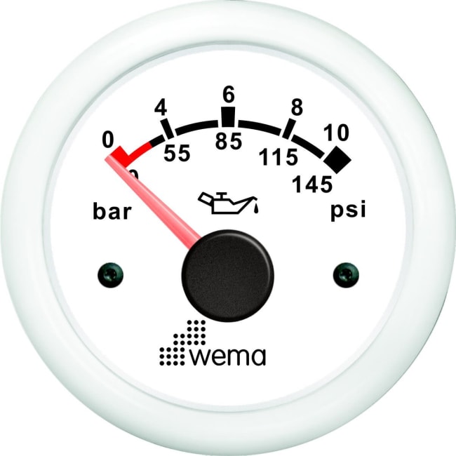 Wema Oljetrykksmåler 10bar Hvit 52mm 12/24V