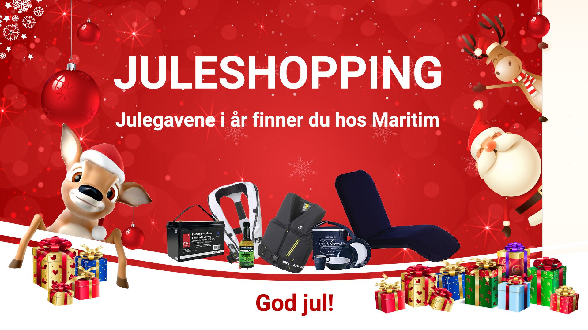 I årets julekampanje har vi et stort utvalg av sesongens favoritter: lithiumbatterier, Baltic-redningsvester, sitteputer, kjølebokser, matter, servise fra Marine Business – og mye mer.
Finn den perfekte gaven til båtentusiasten!