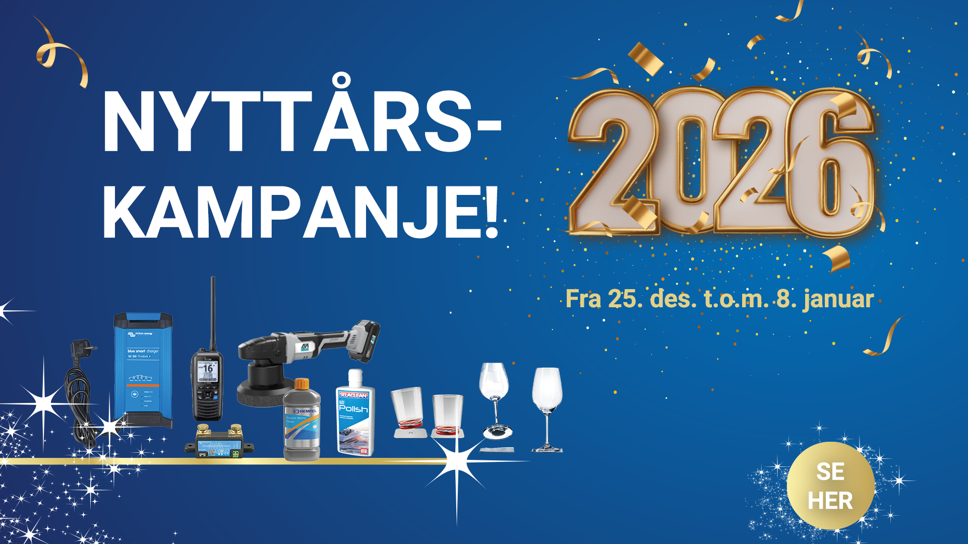 Romjul og nyttårskampanjen er i gang! Nå kan du gjøre kupp på f. eks batteriladere, VHF, landstrøm, ulike glass, poleringsmaskiner voks og polering m.m.