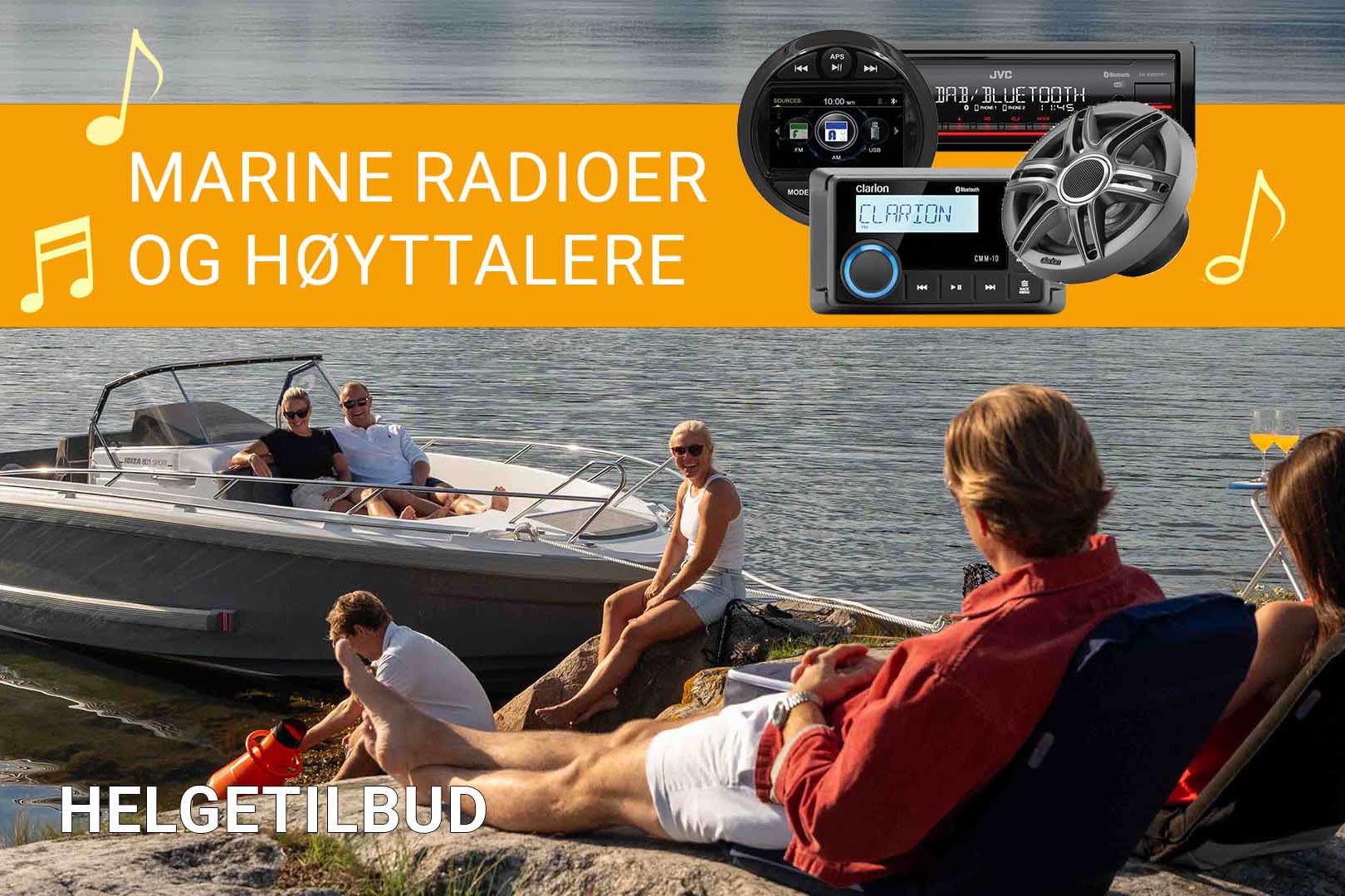 Gjør klar for bedre lyd om bord! Denne helgen får du knallpriser på marine radioer og høyttalere fra kjente merker som JVC og Clarion. Enten du vil oppgradere stereoen eller bytte høyttalere, finner du solide løsninger som tåler sjø, sol og sprut – til ekstra gode helgepriser.
