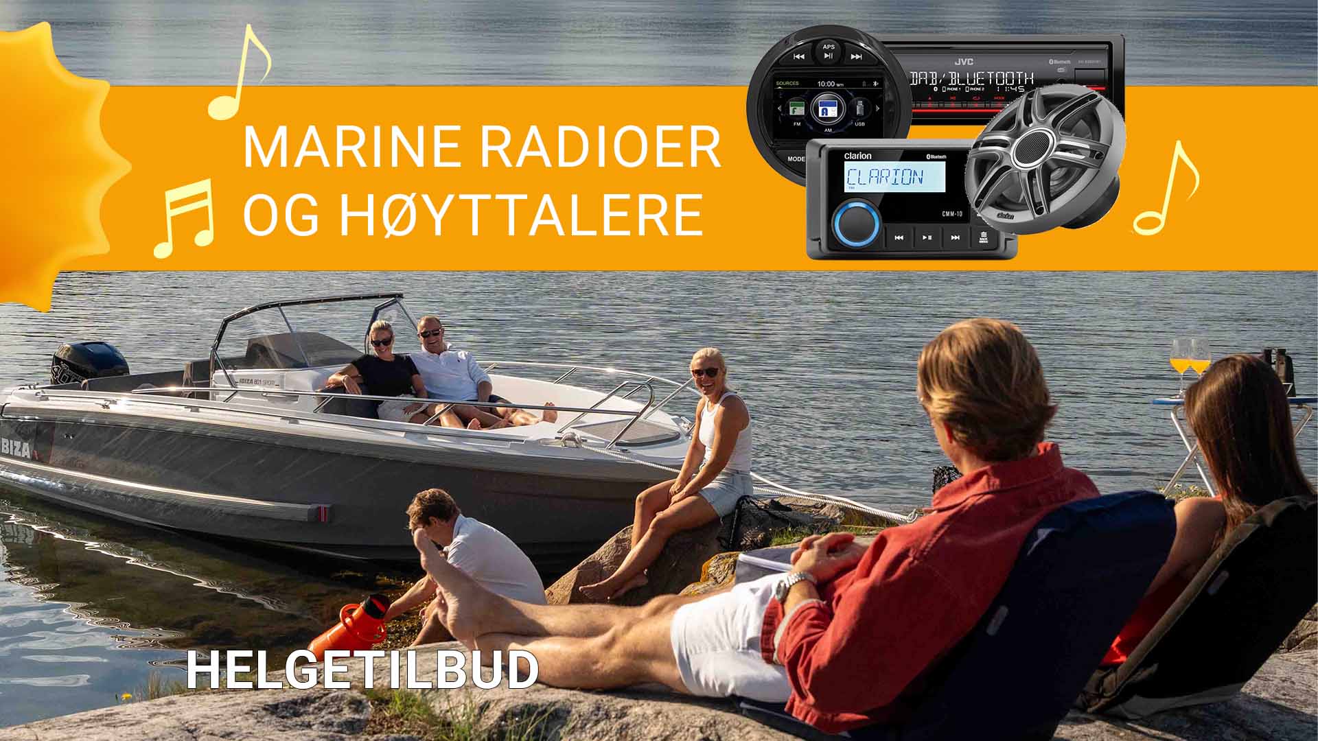 Gjør klar for bedre lyd om bord! Denne helgen får du knallpriser på marine radioer og høyttalere fra kjente merker som JVC og Clarion. Enten du vil oppgradere stereoen eller bytte høyttalere, finner du solide løsninger som tåler sjø, sol og sprut – til ekstra gode helgepriser.