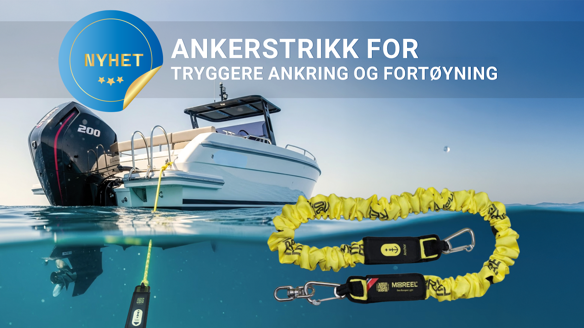 JUSTERBAR ANKERSTRIKK - Mooreel Sea Bungee - utviklet i Norge, Nyhet.Mooreel Sea Bungee er en justerbar ankerstrikk for båter med håndholdt anker, uten ankervinsj. Norskpatentert oppfinnelse som gir tryggere ankring og fortøyning, enklere
av- og påstigning, og mindre rykk i urolig sjø.
