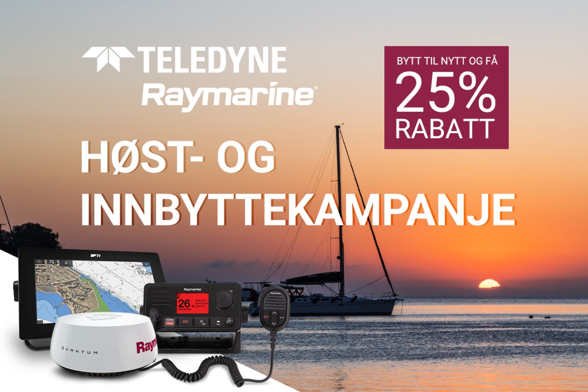 Ønsker du å oppgradere utstyret om bord til neste sesong? Nå kan du bytte inn din eksisterende båtelektronikk og få 25% rabatt på veiledende pris på nye Raymarine produkter. Vi tar imot elektronikk fra alle merker i bytte mot våre nyeste Raymarine-produkter.
