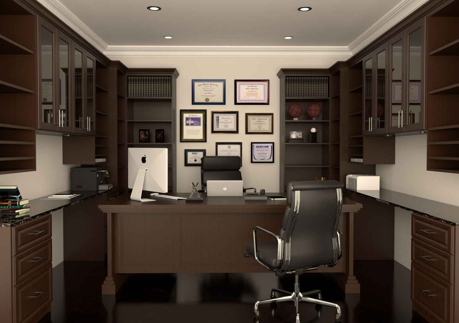 Executive dark wood home office with built-in shelving